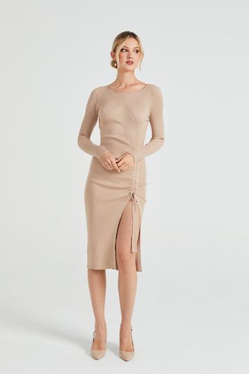 BodyCon Ribbed Knit Midi Dress with Drawstring Leg ANGELEYE
